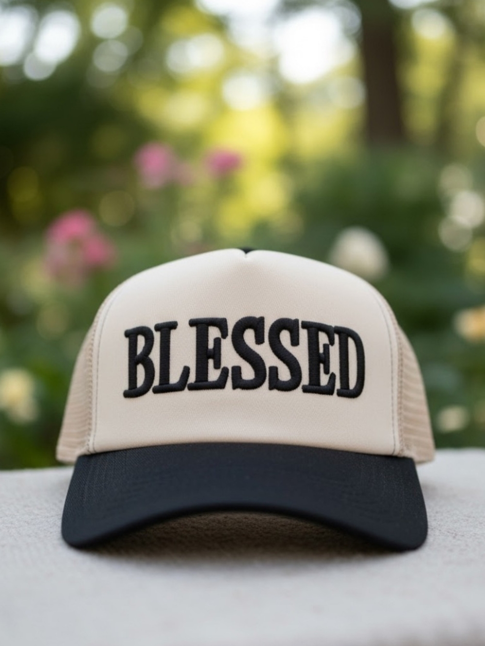 New! Blessed Mesh Trucker Hat in Black